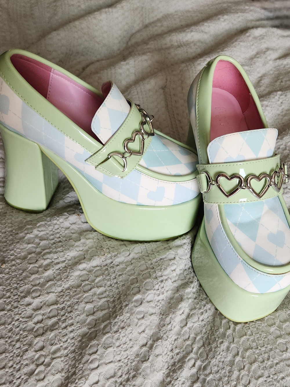 Sugar Thrillz Y2K Pastel Argyle Heart Platform Heels Size 5 Coquette Kawaii Doll